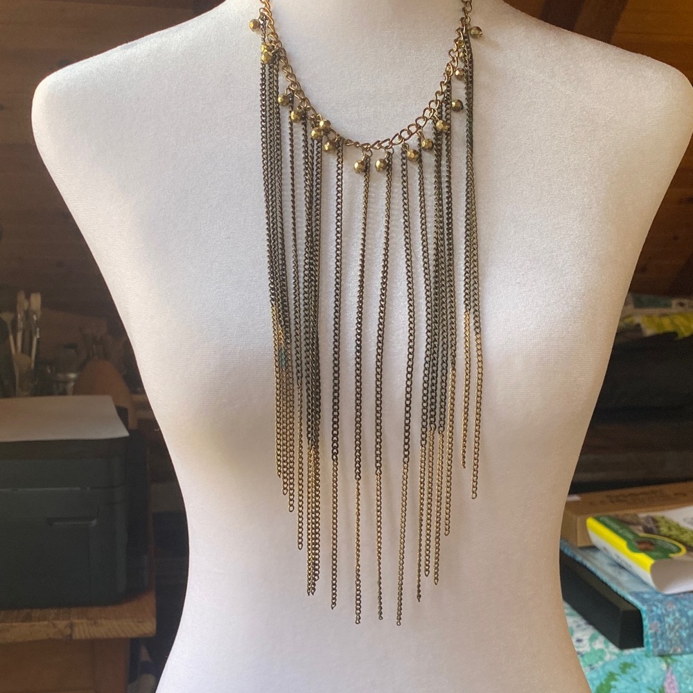 Elegant Vintage Gold and Black tone Fringe Bib Necklace